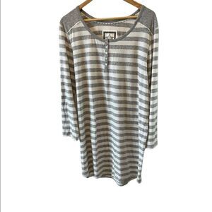DENVER HAYES Grey&White Striped Long Sleeve Mid Length Sleep Shirt L